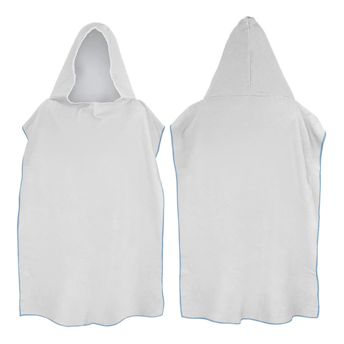 A white adult hooded towel featuring a large hood and a simple design, with a blue trim. It has a logo present.