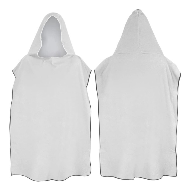 A white adult hooded towel with a grey trim, featuring a large hood and a poncho-style design.