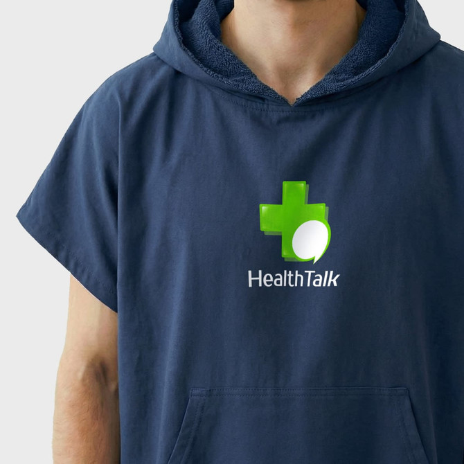 A navy hooded towel featuring a front pocket and a logo. The fabric appears soft and absorbent.