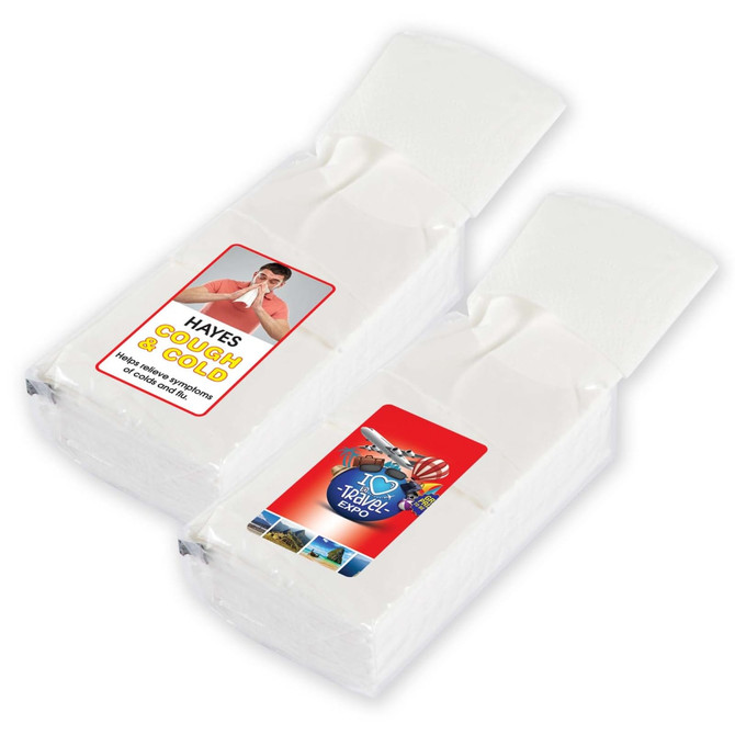 A pack of pocket tissues, featuring two white tissue bundles with colorful packaging on each. Contains ten packs.