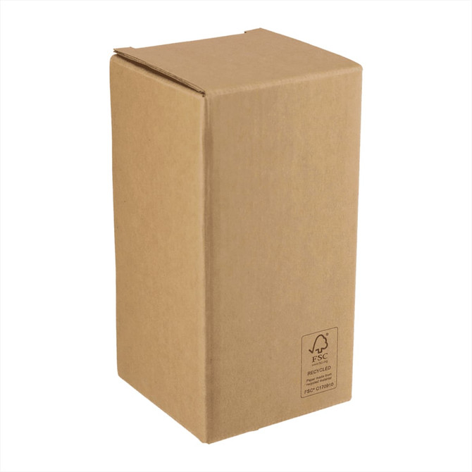 A plain brown cardboard box, featuring a recyclable logo and a rectangular shape.