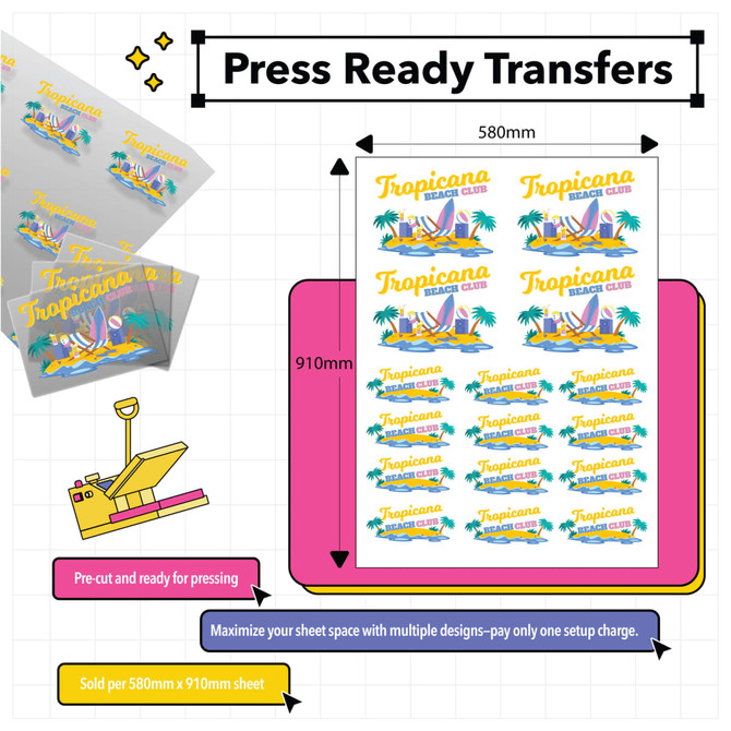 A sheet of colorful transfer designs featuring tropical themes, pre-cut and ready for pressing. Includes logos and various patterns.