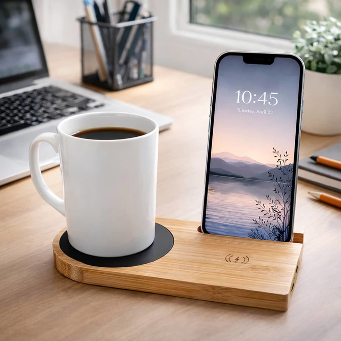 A white mug sits on a bamboo cup warmer with a phone charging beside it. The setting includes a laptop and office supplies.