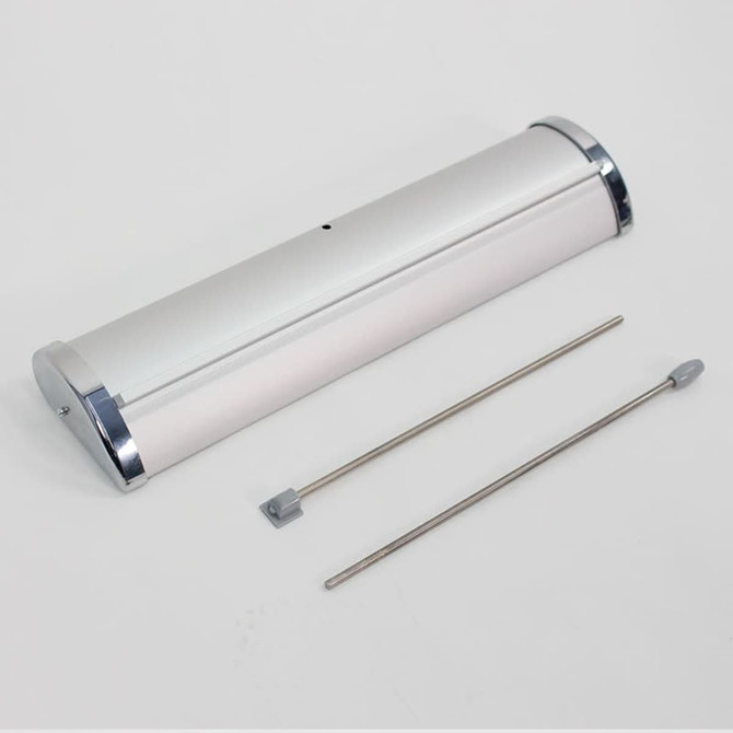 A3 counter top pull-up banner in silver, with two supporting poles for setup. Features a sleek design with a chrome finish.
