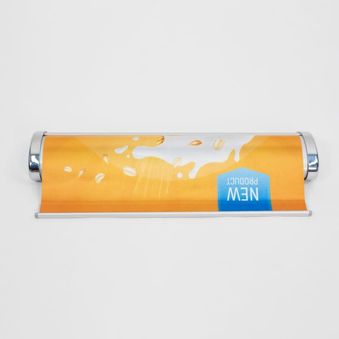 A4 counter top pull-up banner featuring a vibrant orange design with a glossy finish and a chrome base.