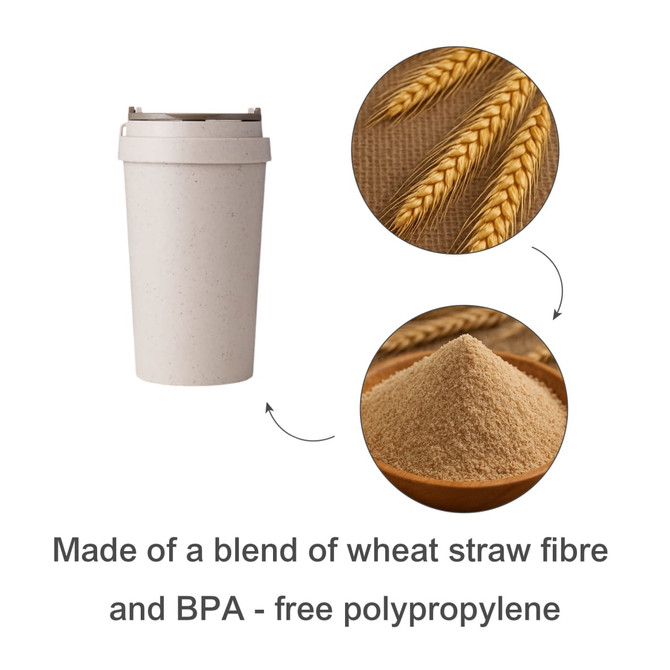 A drink bottle in a light beige colour with a textured finish. Features a logo and is made from wheat straw and polypropylene.