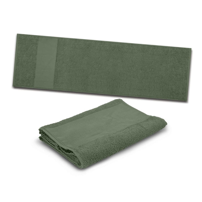 A green sports towel, displayed both flat and folded, featuring a logo on one side.