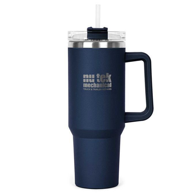A drink bottle with a navy blue exterior, featuring a clear lid and straw, and a handle. It has branding on the side.