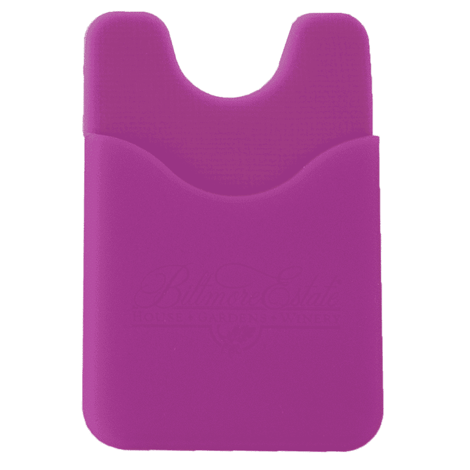 A purple wallet designed to hold a phone, featuring a slot for cards, with a logo embossed on the surface.