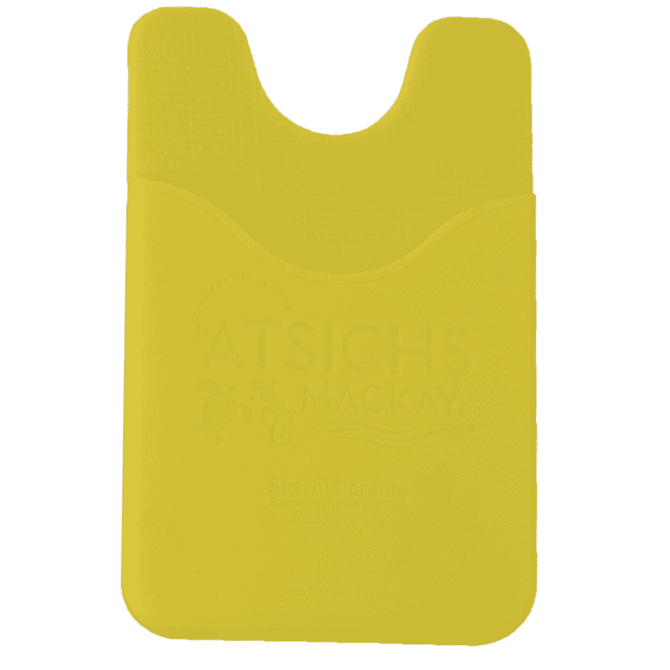 A yellow phone wallet with a cut-out design and a discreet logo. It features a slim pocket for cards.