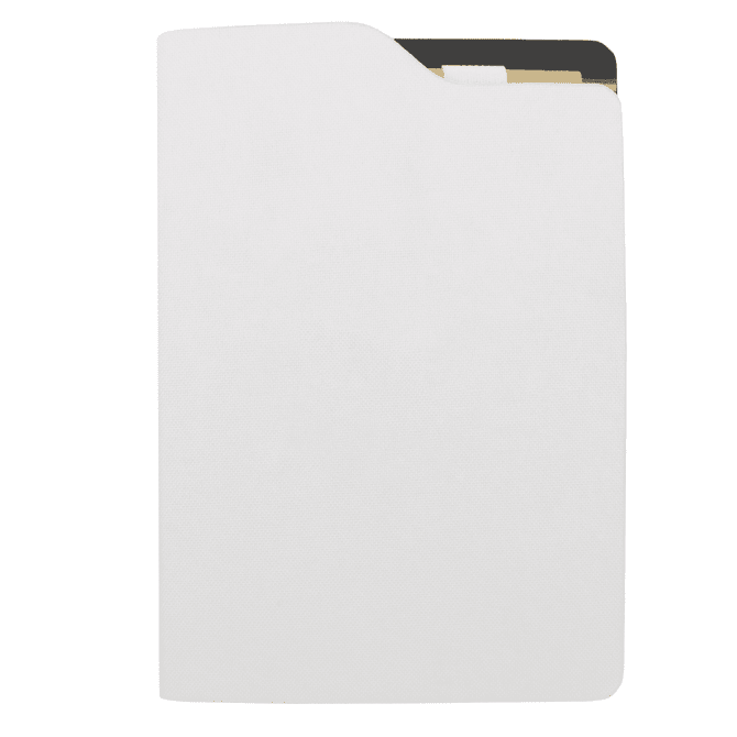 A white A5 notebook with a textured cover, featuring an inside pocket and a logo on the front.