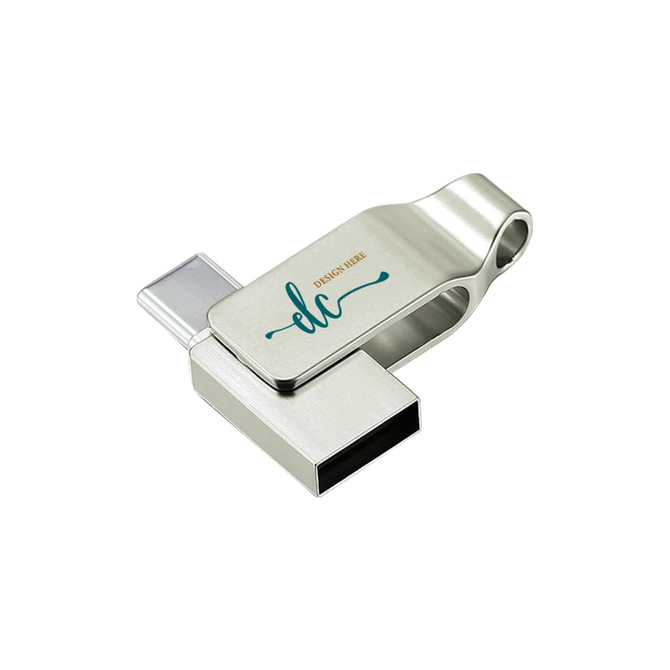A silver Pivot Duo Type-C flash drive with a swivel design and a branding area.