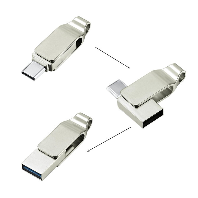 A silver dual-ended Type-C flash drive with a pivot design, featuring connectors on both sides and a branding logo.