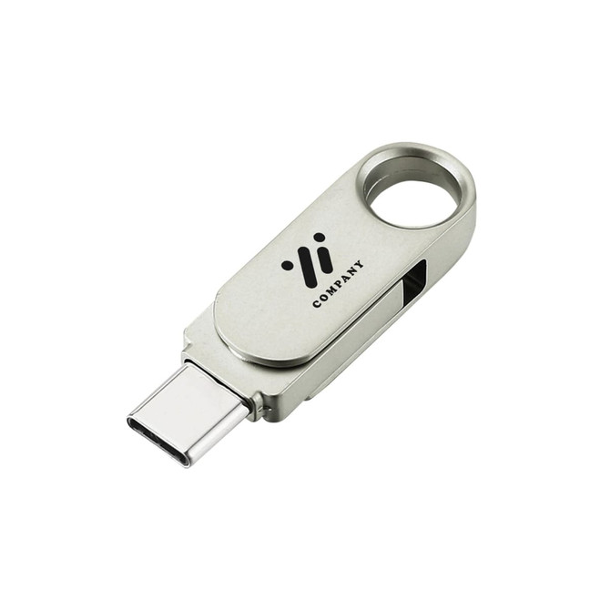 A silver Type-C flash drive with a swivel design and a logo on the surface.