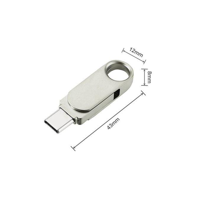 A silver Type-C flash drive with a swivel design, measuring 43mm x 12mm x 8mm, featuring a logo.