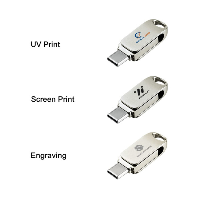 A silver Type-C flash drive with a swivel cover, featuring options for UV print, screen print, and engraving.