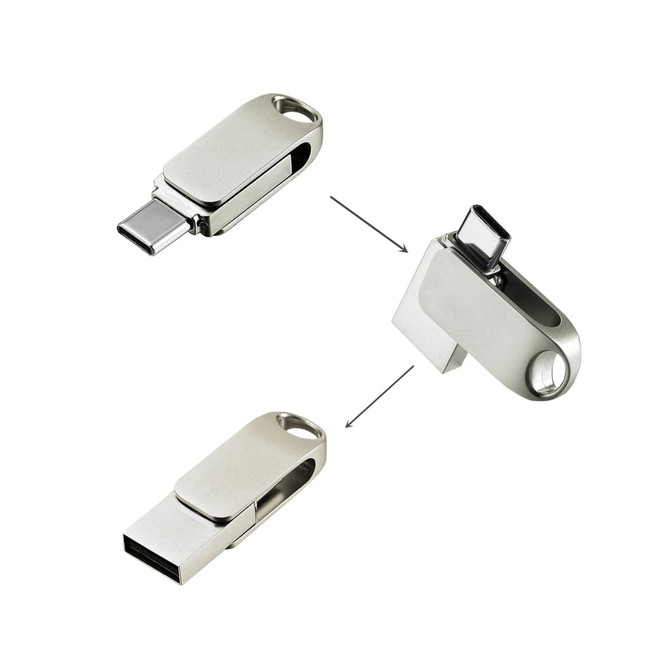A silver FlexLink Type-C flash drive, featuring a retractable design with dual connectors. It has a sleek, metallic finish.