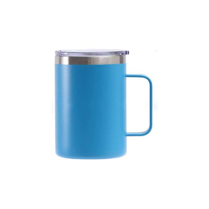 A drink bottle with a blue stainless steel body, a handle, and a transparent lid. Features a logo.