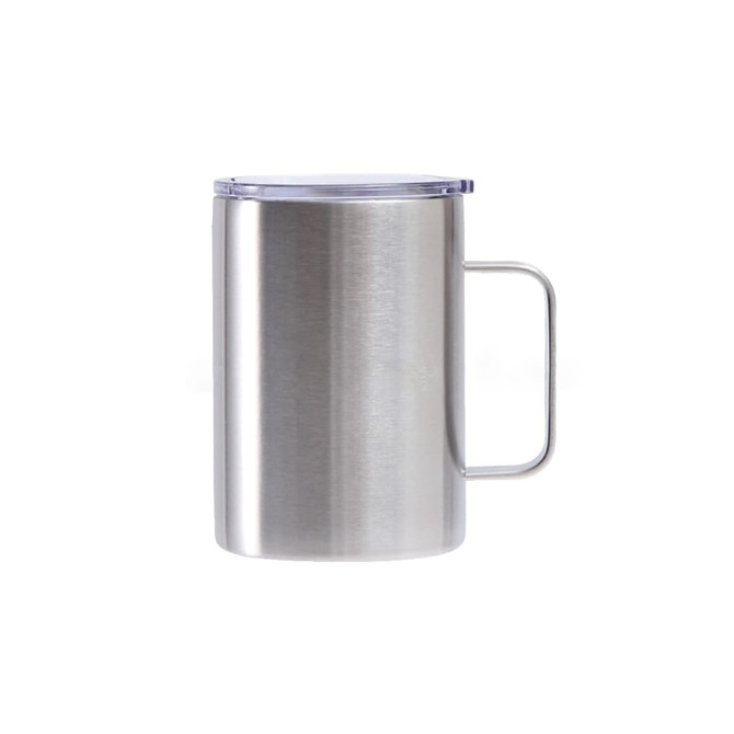 A stainless steel cup with a handle and a clear lid, featuring a brushed finish. It has a sleek, modern design.