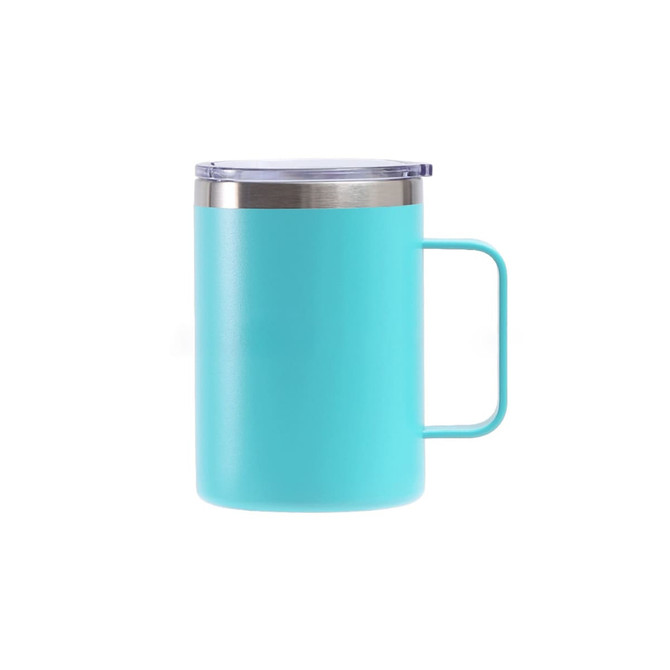 A turquoise stainless steel cup with a handle and a clear lid. It has a simple, modern design and a logo.