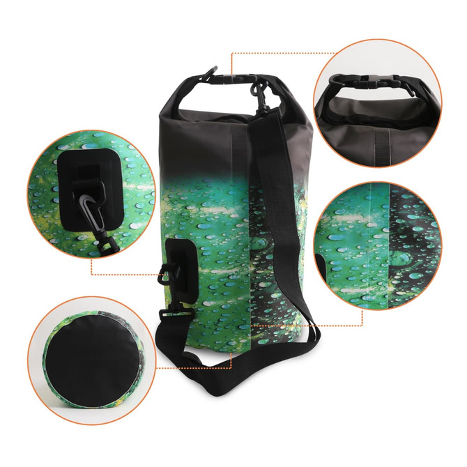 A Full Colour Dry Bag in green and black, featuring a textured design with water droplets and a strap for carrying.