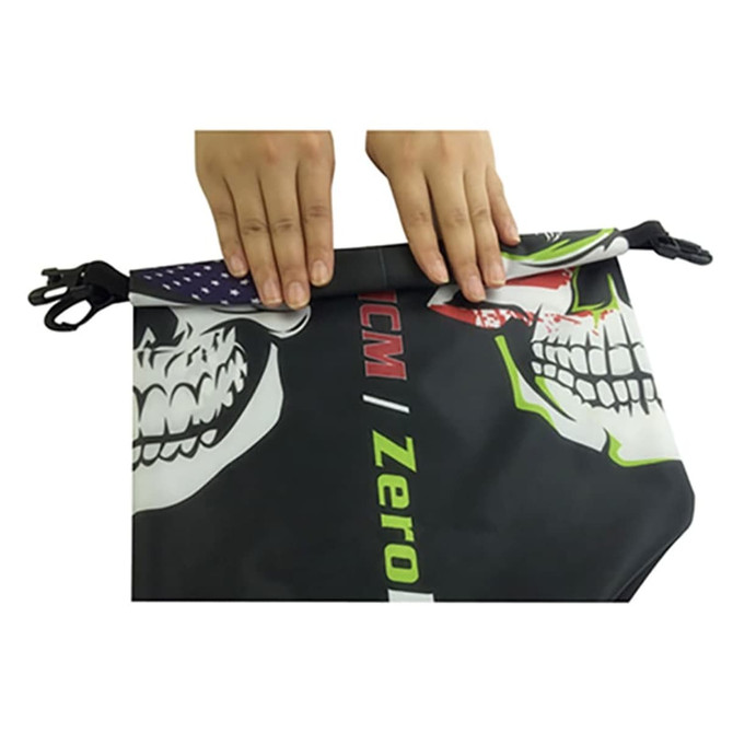 A dry bag featuring a full colour design with skull graphics, equipped with a PVC window and secure closure.