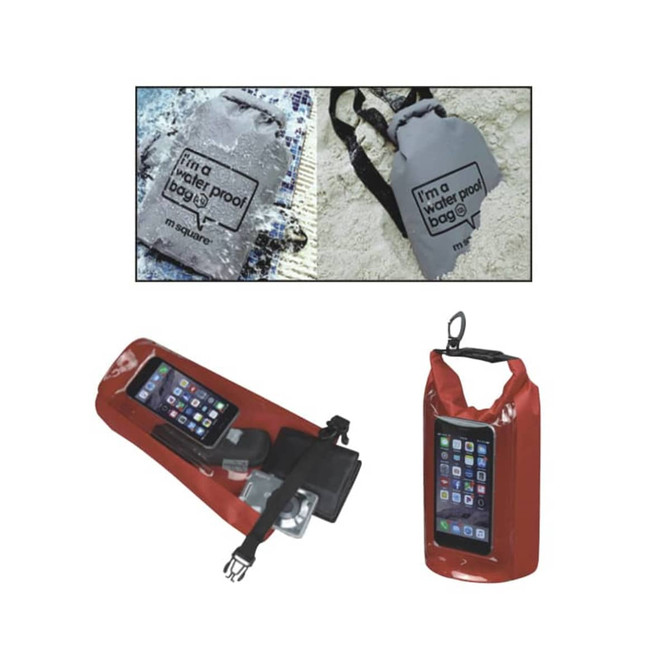 A red and grey 2L full-colour dry bag with a PVC window, featuring a logo and designed for waterproof storage.