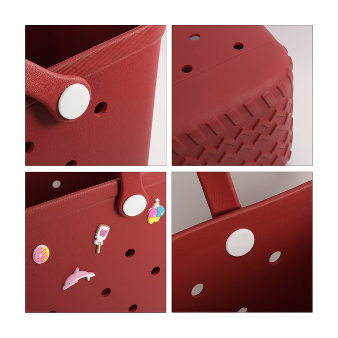 A red EVA beach bag with holes, featuring colourful decorative stickers and white snap buttons.