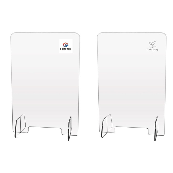 A personal protection screen with a clear acrylic panel and metal stand, featuring branding space on one side.