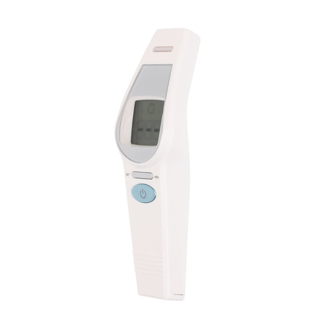 A white touchless digital infrared forehead thermometer with a display and buttons.