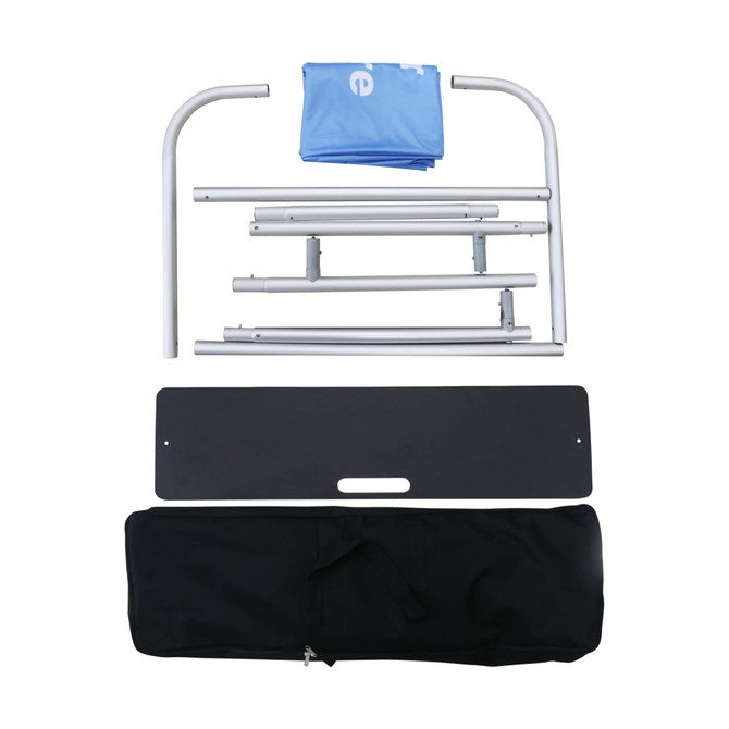 A drink bottle dispenser stand in silver with blue fabric and a black carrying bag, featuring various metal parts.