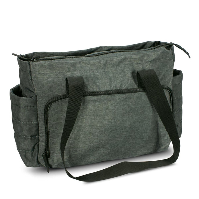A dark grey tote bag with shoulder straps and side pockets, featuring a zip closure and a textured design.