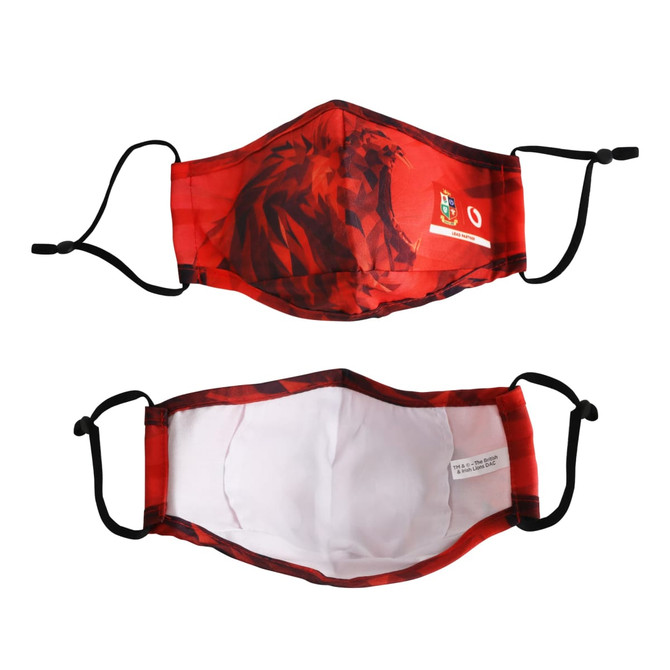A red 3 ply reusable face mask featuring a lion design, with adjustable straps and interior lining.