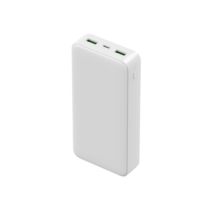 A white power bank with two USB ports and a USB-C port, designed for charging devices.
