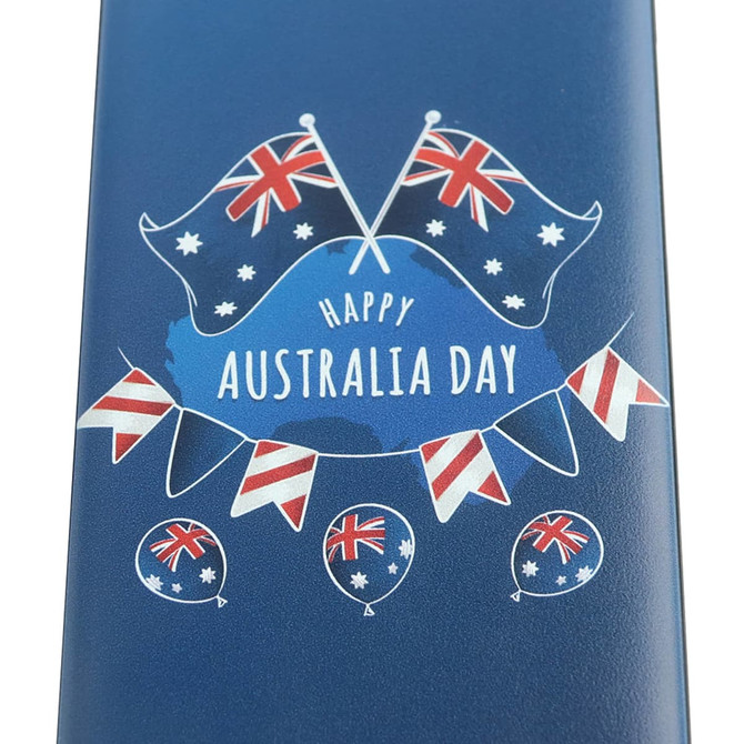 A blue power bank featuring decorative Australian flags, balloons, and a "Happy Australia Day" graphic.