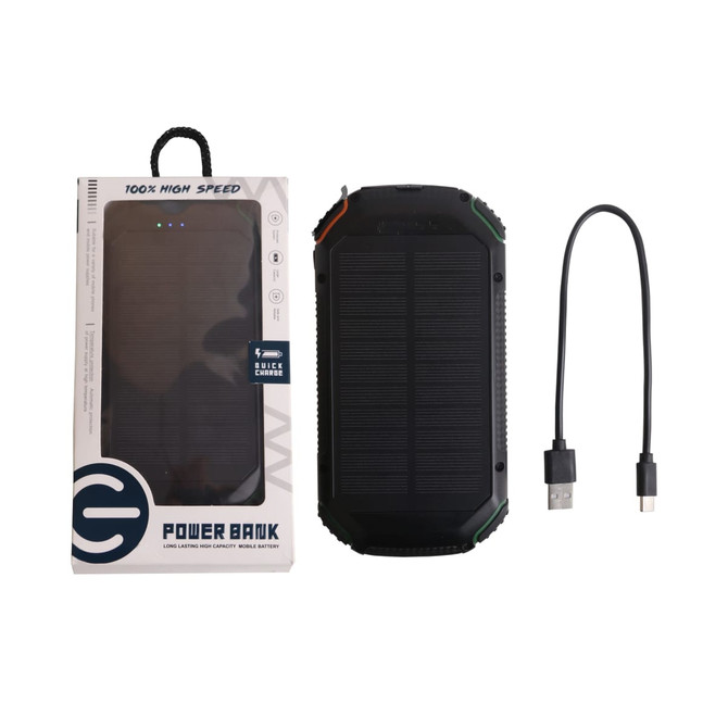 A black and green outdoor solar wireless power bank with a USB cable and packaging. It features a logo on the box.