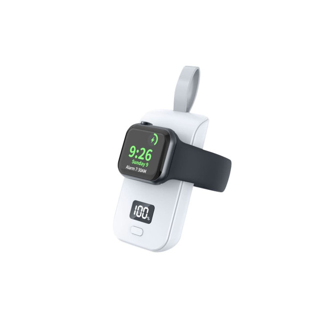 A white portable power bank with a display, designed to charge an Apple Watch, featuring a black watch band.