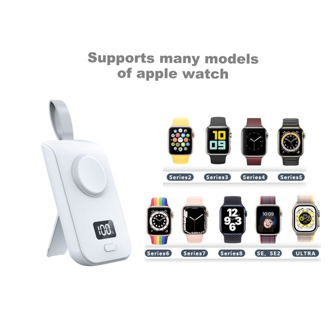A white portable power bank designed for Apple Watch, featuring a display and compatibility with multiple models.