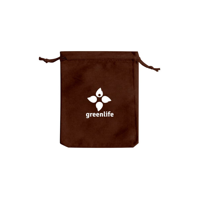 A brown velvet drawstring bag with a logo on the front. The bag features a cinched closure.