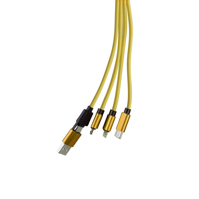 A yellow custom shape light-up charging cable with a keyring, featuring multiple connectors for various devices.
