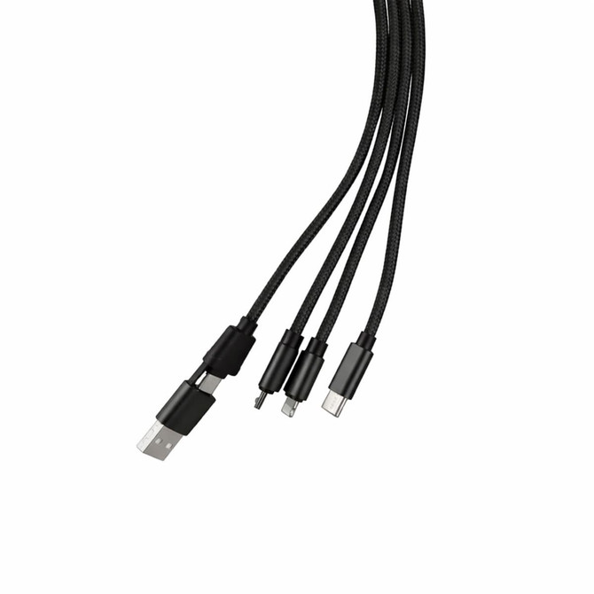 A custom shape light-up charging cable in black, featuring multiple connectors and a keyring attachment.