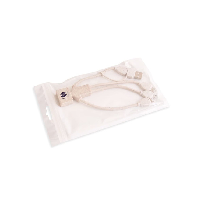 A Wheat Straw Charging Cable in a man shape, featuring a beige colour, packaged in a clear plastic sleeve.