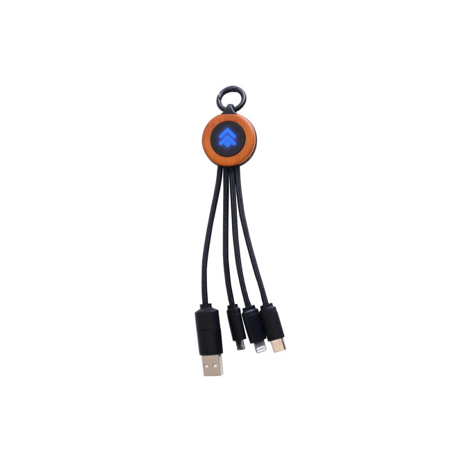 A round-shaped light-up charging cable in black with multiple connectors, featuring a logo.