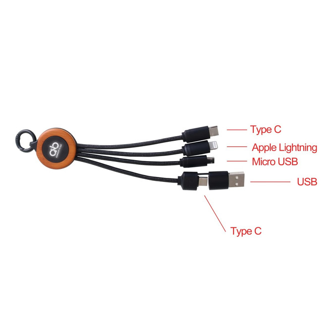A round-shaped charging cable featuring Type C, Apple Lightning, Micro USB, and USB connectors, with a branded logo.