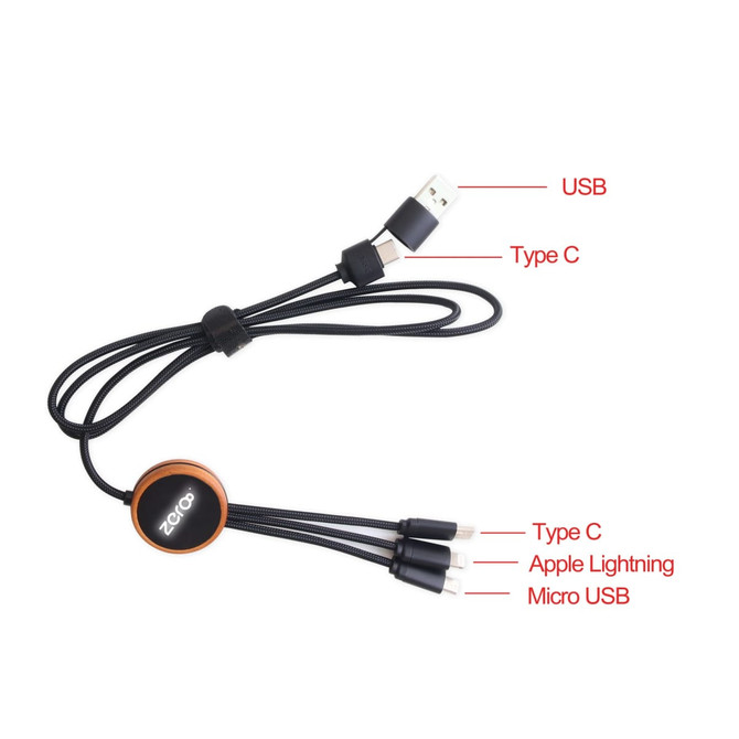 A long, round light-up charging cable with a USB, Type C, Apple Lightning, and Micro USB connectors in black and copper.
