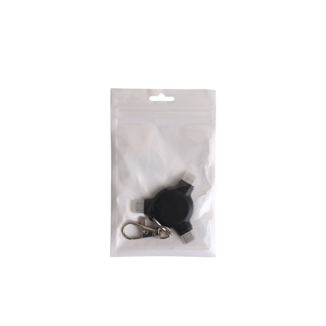 A black 3-in-1 ABS data blocker with a keyring, packaged in a clear plastic bag.