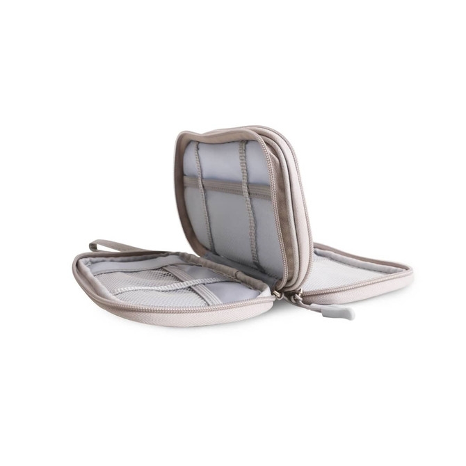 A beige electronic accessory organiser bag featuring multiple compartments and zippered closures.