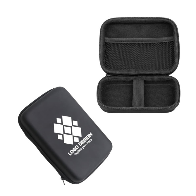 A large black zipper case with a textured interior and a logo on the front, featuring two compartments.