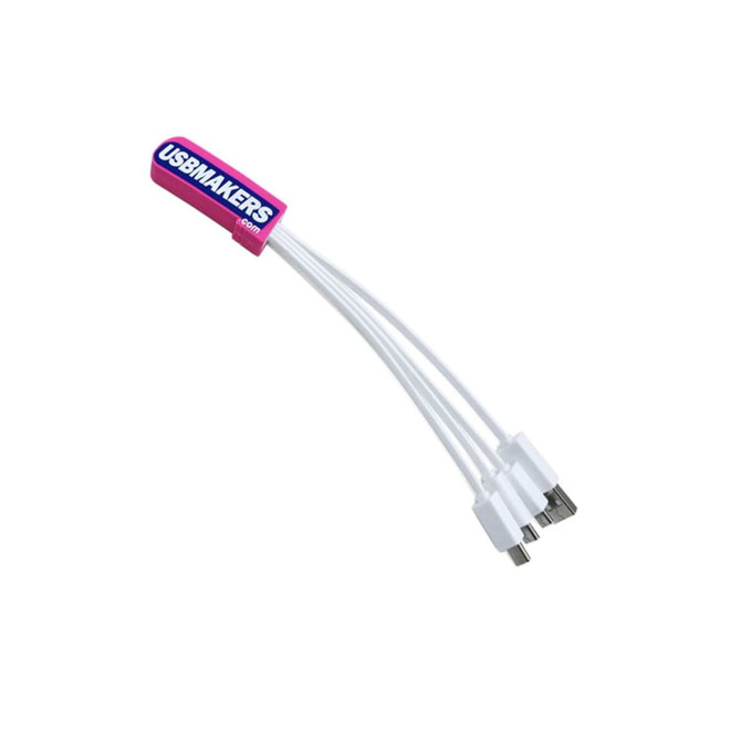 A white PVC custom charging cable featuring multiple connectors and a logo on the handle.