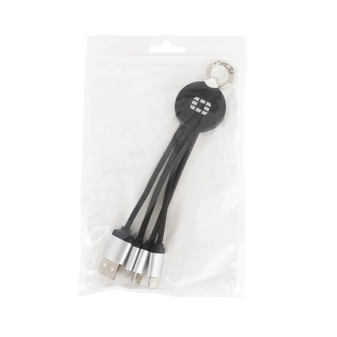 A round shaped light up charging cable in a clear pouch, featuring three connectors and a keyring, predominantly black and silver.